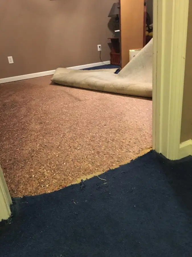 Carpet pad removal revealing water damage during Drying & Dehumidification in East Allen